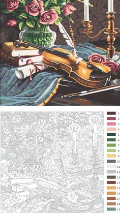 an image of a violin and flowers on a table with color pencils in front of it