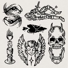 an old school tattoo design with skulls and wings