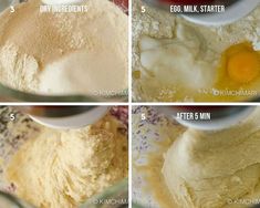 four pictures showing how to make an egg muffin in a mixing bowl with eggs and flour