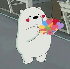 a polar bear holding a heart shaped sticker with the caption me on it