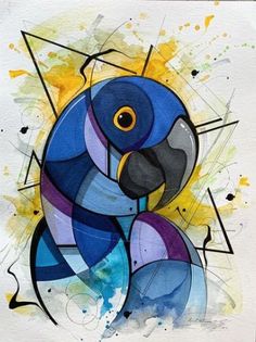 a painting of a blue and yellow bird