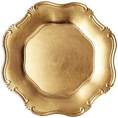 a gold plate with an ornate design on the rim and sides, isolated against a white background