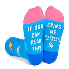 ICE CREAM SOCKSBoy's and girl's ice cream socks. The top of the blue socks features various yummy ice creams, the bottom is the funny saying in white with grips "IF YOU CAN READ THIS, BRING ME ICE CREAM".SIZE & PACKINGOur big kid socks fit 8-12 year old girls and 7-10 year old boys. Each plastic zipper bag contains one pair of funny socks.QUALITY MATERIALOur novelty socks are made of 80% combed cotton, 17% polyamide, and 3% spandex to ensure they are soft, comfortable, stretchy, and breat... Funny Blue Socks For Gift, Sweet Pink Socks For Gifts, Funny Multicolor Socks For Gift, Funny Multicolor Socks For Gifts, Pink Novelty Socks For Gift, Kids Silly Socks, Gifts For Your Brother, Monkey Food, Cream Socks