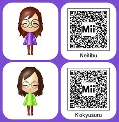 three cartoon characters with qr codes on them, one girl and the other boy