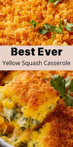 the best ever cheesy yellow squash casserole with parsley on top