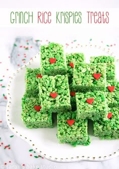 green rice krispy treats on a white plate