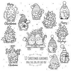 christmas gnomes and snowmen are drawn in black ink