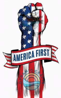 an american fist with the words america first on it and a ribbon around it that says america first