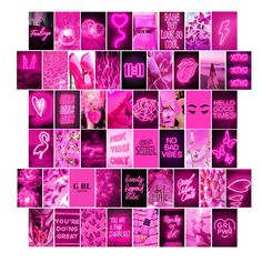 a collage of pink and purple images with hearts, words, and other things