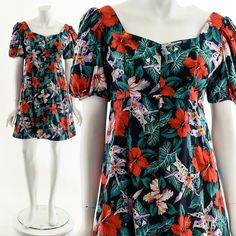 "- 60s/70s baby doll mini dress with dramatic puffy short sleeves - puffy almost sculptural short sleeves - sweetheart neckline - hibiscus floral print Fits like: S - M Material: Cotton Condition: Excellent Clipped on Mannequin: No ✂ S I Z E + F I T ✂ Length: 35\" / 89 cm Shoulders, seam to seam: 16\" / 41 cm Sleeve Length: 12\" / 30 cm Bust: 36\" / 91 cm Waist: 32\" / 81 cm Hips: 42\" / 107 cm All measurements are taken with garment lying flat. ALWAYS refer to measurements as vintage sizes run Retro Puff Sleeve Mini Dress For Summer, Vintage Short Sleeve Mini Dress For Garden Party, Retro Tropical Print Dress For Vacation, Vintage Short Sleeve Mini Dress For Beach, Retro Tropical Print Vacation Dress, Tropical Print Mini Dress For Garden Party, Retro Floral Print Mini Dress For Vacation, Tropical Mini Dress For Garden Party, Short Sleeve Tropical Mini Dress With Tropical Print