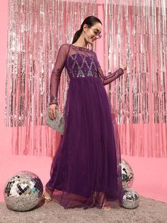 Women Checked Fit and Flare Long Sleeves Maxi Dress vitansethnics Festive Midi-length Prom Dress, Spring Party Dress With Crew Neck, Festive Fall Maxi Dress, Purple Festive Dress For Party Season, Fall Party Dress With Crew Neck, Purple Crew Neck Dress For Spring, Purple Long Sleeve Festive Dress, Festive Purple Long Sleeve Dresses, Fall Wedding Purple Dress