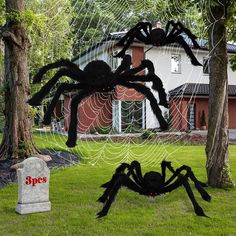 a large spider sitting on top of a lush green field