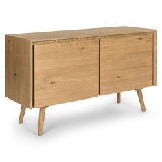 the sideboard is made from wood and has two doors on one side, and three legs