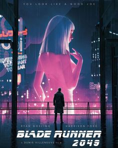 a movie poster for blade runner 2013 with a man standing in front of a neon city