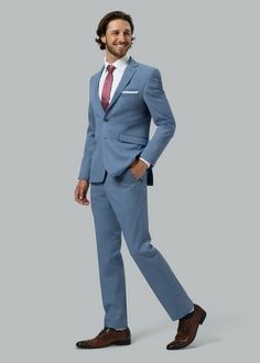 Light Blue Notch Lapel Suits For Work, Blue Business Casual Suit For Spring, Elegant Tailored Light Blue Suit, Fitted Light Blue Suit For Formal Occasions, Blue Business Suit For Spring, Classic Light Blue Workwear Suit, Fitted Light Blue Formal Suit, Light Blue Elegant Business Suits, Elegant Light Blue Business Suits