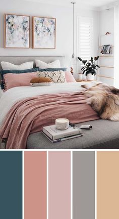 a bedroom with pink and grey colors in the walls, bedding, rugs and pictures on the wall