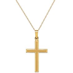 in stock Classic Hallmarked Cross Pendant Jewelry, Classic Polished Cross Pendant Jewelry, Classic 14k Stamped Cross Pendant Jewelry, Classic 14k Cross Pendant Jewelry, 14k Yellow Gold Jewelry, 16 Inch Length, Classic 14k Stamped Cross Jewelry, Classic Yellow Gold Custom Necklace, 14k Gold Cross Pendant Necklace With Polished Finish, Classic Yellow Gold Cross Jewelry