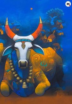 a painting of a bull with long horns on it's face and some buildings in the background