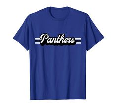 a blue t - shirt with the word panthers in black and white on it