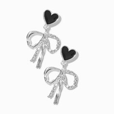 Elegant Heart-shaped Enamel Earrings, Cute Silver Earrings With Bow, Elegant Heart Enamel Earrings For Gift, Elegant Enamel Heart Earrings For Gift, Silver Heart Earrings For Party, Heart-shaped Earrings With Bow For Gift, Heart-shaped Anniversary Jewelry With Bow, Elegant Bow Heart Earrings For Party, Valentine's Day Party Bow Jewelry