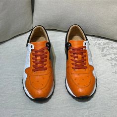 Authentic Ostrich Genuine Exotic Leather Skin Mixed Orange Unisex Lace-up Sneakers  -  GeraldBlack.com Trendy Footwear, Color Mix, Style Statement, Leather Lace, Leather And Lace, Full Grain Leather, Types Of Shoes, Cow Leather, Shoe Collection