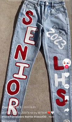 Senior Sweatpants Ideas, Blue And Gold Senior Jeans, Senior Jean Inspiration, Senior Overalls Black And Gold, Senior Jeans Red And White, Senior Jean Painting Ideas, Senior Pants High Schools 2025, Senior Jeans Cheer, Homecoming Cheer Ideas