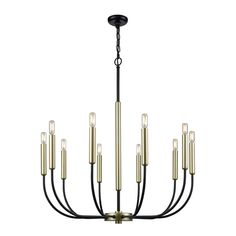 a large chandelier with many lights hanging from it's center and black metal rods