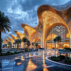 an artisticly designed building with palm trees in the foreground