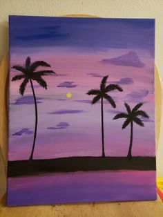 a painting of three palm trees against a purple sky