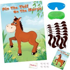 a horse with its head in the grass next to it's stickers and other items