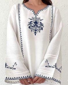 Embroidery Kurta Designs Women, Embroidery On White Kurti, Pakistani Embroidery Designs, Kurta Embroidery Design, Machine Embroidery Designs For Suits, Embroidery Fashion Detail, Lace Dress Design, Trendy Shirt Designs, Kurti Embroidery Design