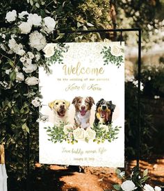 a welcome sign with three dogs on it and white flowers around the edges, in front of a green bush