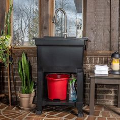 a potted plant sitting next to a sink in a room