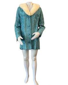 1960s Ribbon Coat Turquoise With White Mink Collar Marquerite - Etsy Fitted Turquoise Outerwear For Winter, Turquoise Fabric, Albany Ny, Coat Vintage, The Fold, Fashion Vintage, 1960s, Sweater Dress, San Francisco