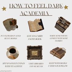 an old fashioned typewriter and other items with the words how to feed dark academy