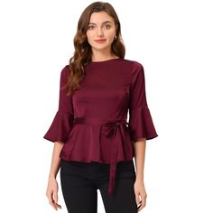 Simple, vintage, and delicate, this blouse features a round neck, bow tie waist, keyhole back, wrap, 3/4 sleeve, and flare sleeve. A good option for your next social gathering. Add a design-led edge to your workwear look with this bow tie waist blouse. Adorned with a bow tie waist, simply add tailored trousers, a pencil skirt, and point-toe heels for a smart business finish. Suitable for wedding day festivities, Home, traveling, parties, casual, business, office, coffee shop, etc. Elegant Tops With Bow For Brunch, Elegant Bow Tops For Brunch, Elegant Half Sleeve Blouse For Fall, Elegant 3/4 Sleeve Blouse For Brunch, Elegant Half Sleeve Tops For Brunch, Elegant 3/4 Sleeve Tops For Brunch, Neck Bow Tie, Office Elegant, Linen Shorts Women