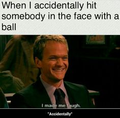 a man in a suit and tie smiling at someone on his cell phone with the caption'when i accidentally hit somebody in the face with a ball, i made me laugh