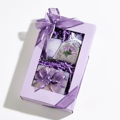 This makes a lovely gift. Our Lavender Treatment Gift Set includes a bar of our hand-poured soap, rich in olive oil and the highest-grade of lavender essential oil; a 20-hour lavender soy-blend candle also using the same lavender essential oil; and, a fragrant sachet of dried lavender with is great for drawers, luggage or elsewhere.  LG0071 Spa Masks, Lavender Spa, Spa Items, Lavender Gifts, Lavender Bath, Soap Gift Set, Essential Oil Set, Lavender Sachets, Candle Gift Set