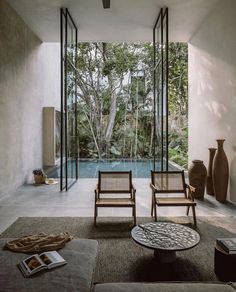 a living room with two chairs and a table in front of a window that looks out onto the jungle