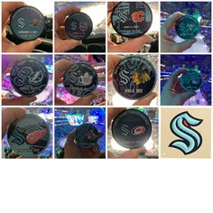 many different images of hockey pucks in various styles and sizes, all with logos on them