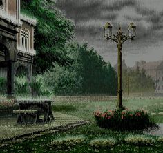 an image of a rainy day in the park with a bench and lampposts