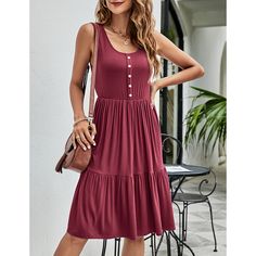 Burgundy Cotton Blend U Neck Sleeveless Button Tank Dress Sleeveless Button Closure Midi Dress For Beach, Sleeveless Midi Dress With Button Closure For Beach, Solid Sleeveless Dress With Buttons, Sleeveless Dress With Buttons, Knee-length Sleeveless Sundress With Buttons, Sleeveless Sundress With Button Closure, Knee-length Buttoned Sleeveless Sundress, Sleeveless Midi Dress With Buttons For Vacation, Sleeveless Button Sundress For Day Out