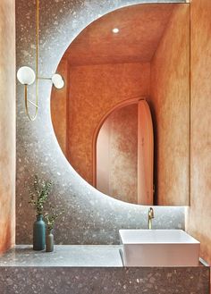 a bathroom sink sitting under a mirror next to a vase with a plant in it