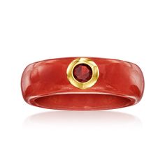 Ross-Simons - Red Jade and .30 Carat Garnet Ring in 14kt Yellow Gold. Size 9. Revel in the radiance of red with our mesmerizing ring. A carved red jade band hosts an alluring .30 carat round garnet framed by 14kt yellow gold. Makes a perfect gift for the red lover in your life. 1/4" wide. Garnet and red jade ring. Classic Red Intaglio Jewelry, Red Oval Intaglio Ring, Classic Red Intaglio Ring, Red Intaglio Rings For Anniversary, Red Intaglio Jewelry For Formal Occasions, Garnet Wedding Rings, Gold Band Wedding Ring, Diamond Anklet, Italian Gold Jewelry