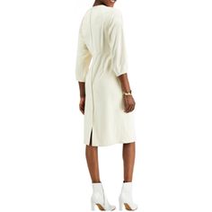 Alfani Womens A-Line Dress White Ivory Seamed Midi Solid Size Medium, Xlarge,Xxl New. Perfect For Those Long Days In The Boardroom, This Midi Dress From Alfani Pairs Exposed Seam Details With A Fit & Flare Silhouette. Approx. Model Height Is 5'10" And She Is Wearing Size Small Approx. 42-3/4" Long From Center Back Neck To Hem Round Neckline; Fit & Flare Silhouette Zipper Closure At Back 3/4-Sleeves Exposed Seams Xs=0-2, S=2-4, M=6-8, L=10-12, Xl=14-16 Unlined Polyester/Spandex Machine Washable I Cream Sheath Midi Dress For Work, Cream Midi Dress For Work, White Knee-length Viscose Dress, Cream Mid-length Dress For Brunch, White Viscose Knee-length Dress, Cream Knee-length Workwear Dresses, Cream Midi Dress For Brunch, Chic Shift Midi Dress For Daywear, Chic Cream Midi Dress For Work