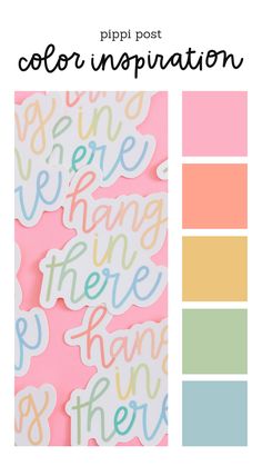 the color palette for this postcard is pink, yellow and blue with words on it