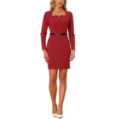 Styled in bodycon design with belt, this dress will easily highlight your slim waist and show your curve better. The sweetheart neck and stand shoulder create a flattering and feminine silhouette, accentuating your curves in all the right places. The business pencil dress makes the possibility of accessories such as shoes, or bags; the style is flattering for many figures. Measurement (in inches) Size----------Length----------Shoulder----------Chest----------Waist----------Hip XS---------------- Fitted Dress With Belt For Date Night, Chic Fitted Belted Bodycon Dress, Chic Belted Fitted Bodycon Dress, Chic Belted Bodycon Dress, Fitted Knee-length Dress With Belt, Fitted Knee-length Belted Dress For Date Night, Elegant Fitted Belted Dress For Date Night, Fitted Belted Dress For Date Night, Elegant Fitted Belted Mini Dress