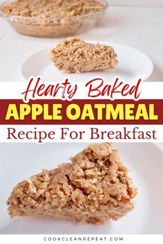 hearty baked apple oatmeal recipe for breakfast on a white plate with text overlay