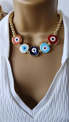 5 murano evil eye ball bead necklace  8 mm ball bead necklace with 5 different color gold plated  murano evil eye necklace. 17 inch long plus 2 inch chain total 19 inch long . Eye Ball, Eye Gift, Eye Wear, Eye Wear Glasses, Evil Eye Necklace, Eye Necklace, Bead Necklace, Wellington, Evil Eye