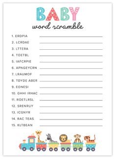 baby word scramble game with train and giraffes on the side, in blue and